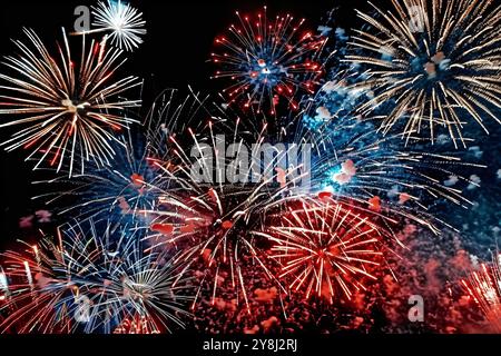 Des feux d'artifice vibrants et des pétards illuminent le ciel nocturne pour les célébrations du nouvel an lunaire Banque D'Images