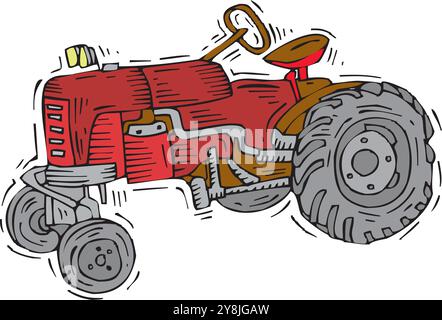 Une main dessinée d'un tracteur agricole isolé sur blanc. Machines agricoles lourdes pour le travail dans les champs. Vue latérale d'un tracteur moderne Illustration de Vecteur