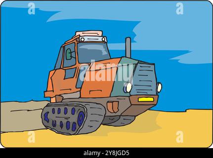 Une main dessinée d'un tracteur agricole isolé sur blanc. Machines agricoles lourdes pour le travail dans les champs. Vue latérale d'un tracteur moderne Illustration de Vecteur