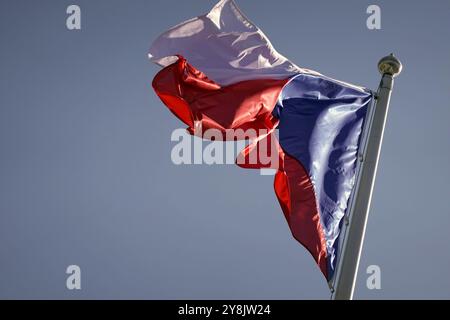 Drapeau tchèque ondulant dans le vent fort, espace de copie sur le côté gauche Banque D'Images