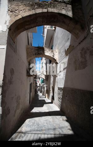 Vieste dans les Pouilles, la longue plage et le monolithe Pizzomunno. Banque D'Images