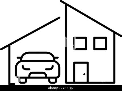 Villa moderne avec voiture dans le garage. Banlieue, résidence avec accès véhicule. Logement confortable. Immobilier, types de propriété. Pixel Perfect Illustration de Vecteur