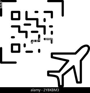 Un avion avec un QR code, illustrant la billetterie sans contact ou un accès rapide aux détails du vol. Icône de contour pixel Perfect, modifiable Illustration de Vecteur