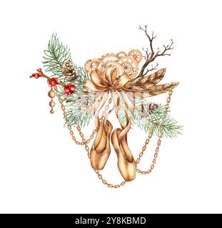 Chaussures de ballet pour femmes de couleur marron avec des rubans et des branches de sapin, des brindilles sèches, des pommes de pin, des baies rouges, des chaînes de plumes illustration aquarelle. ATTRIB Banque D'Images