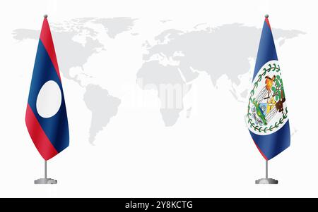 Drapeaux du Laos et du Belize pour la réunion officielle sur fond de carte du monde. Illustration de Vecteur