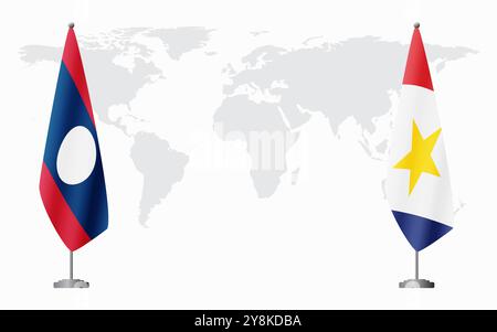 Laos et Saba drapeaux pour la réunion officielle sur fond de carte du monde. Illustration de Vecteur