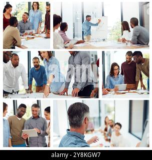 Collage, groupe et gens d'affaires en bureau pour carrière, réunion et présentation au démarrage créatif. Équipe, composite et employés sur le lieu de travail avec Banque D'Images