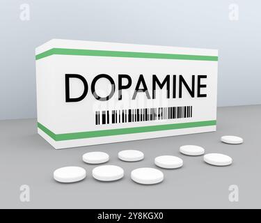 Illustration 3D du titre de DOPAMINE sur la boîte à pilules, avec quelques piles dispersées sur une surface grise avec un fond bleu pâle. Banque D'Images