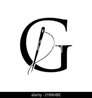 Logo Tailor sur la lettre G concept avec aiguille et symbole de fil. Panneau en tissu Illustration de Vecteur