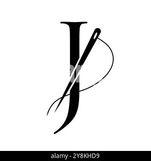 Logo Tailor sur la lettre J concept avec aiguille et symbole de fil. Panneau en tissu Illustration de Vecteur