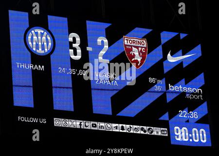 Milan, Italie. 5 octobre 2024. Italie, Milan, 2024 10 05 : score final au tableau des scores à la fin du match de football FC Inter vs Torino FC, Serie A Tim 2024-2025 jour 7, stade San Siro. Italie, Milan, 2024 10 05 : FC Inter vs Torino FC, Lega Calcio Serie A Tim 2024-2025 jour 7, au stade San Siro (crédit image : © Fabrizio Andrea Bertani/Pacific Press via ZUMA Press Wire) USAGE ÉDITORIAL SEULEMENT! Non destiné à UN USAGE commercial ! Banque D'Images