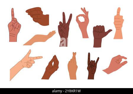Ensemble de mains humaines diverses avec des gestes différents Illustration de Vecteur