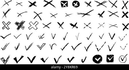 Ensemble de coches et de croix pour liste de tâches ou vote. Eléments vectoriels pour répondre par oui ou non aux questions de test. Crayon fusain arrière correct ou incorrect Illustration de Vecteur