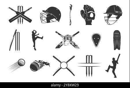 Silhouette de cricket, batte de cricket, balle, silhouette de joueur de souche, paquet de silhouette de cricket, ensemble de vecteur de cricket, silhouette d'équipement de sport de cricket. Illustration de Vecteur