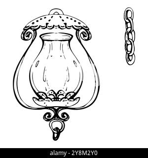 Ancienne lanterne vintage, lampe à gaz lampadaire ornée de fonte avec chaîne, décoration urbaine de ville. Illustration vectorielle d'encre dessinée à la main. Élément unique Illustration de Vecteur