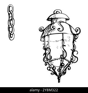 Ancienne lanterne vintage, lampe à gaz de lampadaire ornée de fonte avec chaîne. Illustration vectorielle d'encre dessinée à la main, décor urbain de ville. Élément unique Illustration de Vecteur