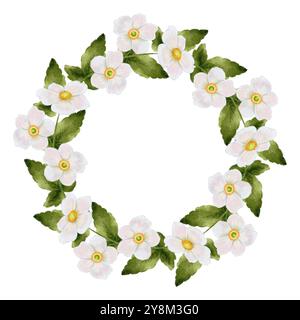 Couronne ronde de fleurs d'anémone blanche. Illustration aquarelle sur fond blanc. impression typographique, textiles Banque D'Images
