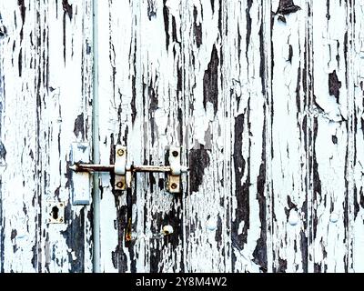 Peinture blanche pelable sur vieille porte de garage en planche de bois - la Trimouille, Vienne (86), France. Banque D'Images