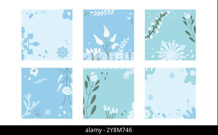 Ensemble de modèles de cartes d'hiver. Bannières décorées avec des éléments botaniques et des baies sur un fond bleu clair. Publications sur les réseaux sociaux. Vecteur dessiné à la main fl Illustration de Vecteur