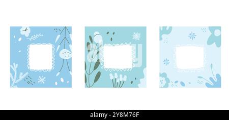 Cartes d'hiver avec modèles d'espace de copie. Bannières avec cadres rectangulaires décorés d'éléments botaniques et de baies sur un fond bleu clair. VE Illustration de Vecteur