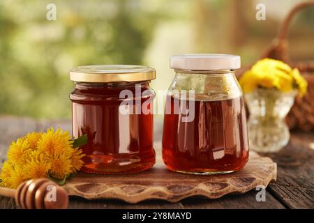 Deux pots de miel de pissenlit - sirop maison fait de fleurs fraîches de Taraxacum récoltées au printemps Banque D'Images