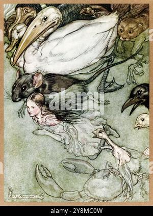 Illustration de "The Pool of Tears" tirée de "Alice's Adventures in Wonderland" de Lewis Carroll (1832-1898), oeuvre d'Arthur Rackham (1867-1939) montrant le bassin de larmes d'Alice était devenu très bondé avec les oiseaux et les animaux qui y étaient tombés. Photographie tirée d'une première édition de 1907 publiée par William Heinemann, Londres et Doubleday, page & Co, New York. Crédit : AF Fotografie / Collection privée Banque D'Images