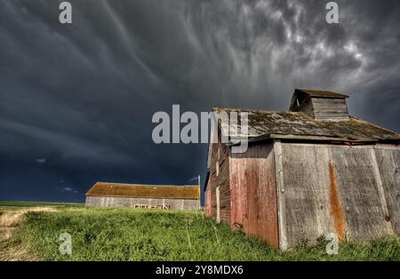 Ferme abandonnée avec les nuages de tempête dans les Prairies canadiennes Banque D'Images