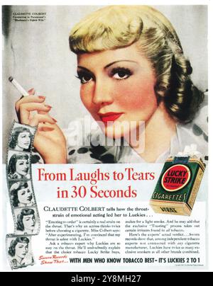 1937 Lucky Strike cigarettes annonce avec Claudette Colbert Banque D'Images