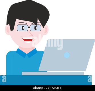 illustration d'un jeune homme avec des lunettes tout en travaillant ou étudiant sur un ordinateur portable Banque D'Images
