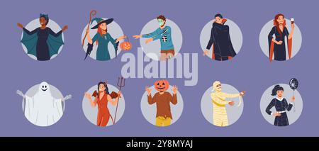 Groupe de personnes en costumes d'Halloween montre des gestes effrayants Illustration de Vecteur