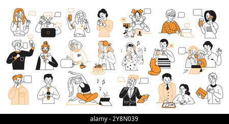 Les personnes utilisant des smartphones dans diverses icônes vectorielles de situations Illustration de Vecteur