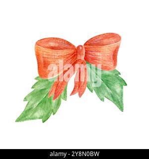Un arc rouge cadeau et des feuilles de houx. Clipart aquarelle festive mis en évidence sur un fond blanc. Décoration de Noël, carte de voeux. Banque D'Images