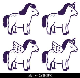 Ensemble petit poney de dessin animé mignon. Cheval normal, avec ailes (Pegasus), corne (licorne) et les deux. Conception drôle de personnage chubby, illustration vectorielle. Illustration de Vecteur