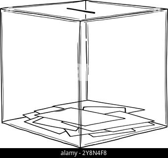 Boîte de vote en plastique transparent avec pile de bulletins prêts à l'intérieur de l'illustration monochrome dessinée à la main vectorielle. Élection présidentielle, vote, candidat Illustration de Vecteur