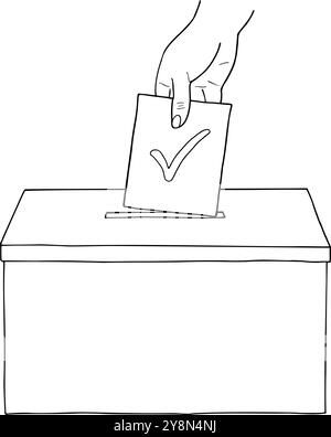 Main humaine insérant le papier de vote dans le vecteur de boîte de vote illustration isolée peinte par des encres noires. Mettre l'esquisse de choix. Concept de jour d'élection Illustration de Vecteur