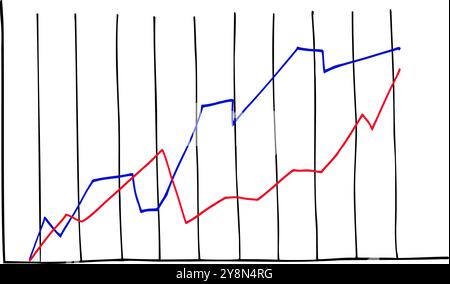 Graphique analytique avec lignes de tendance rouges et bleues croquis à l'encre dessinés à la main. Changement dans l'heure des résultats de l'élection ou du revenu, des plans. Illustration vectorielle Illustration de Vecteur