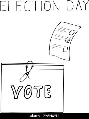 Feuille de bulletin de vote avec coche d'accord et illustration isolée de vecteur d'urne scellée et signée peinte par des encres noires. Croquis du jour des élections Illustration de Vecteur