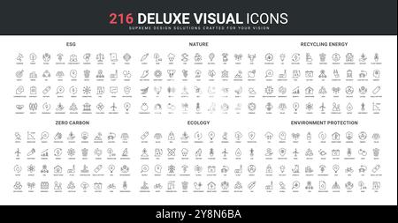 Critères ESG pour l'entreprise, ensemble d'icônes de ligne d'énergie de recyclage. Carbone neutre et zéro net, recherche de la science pour la nature et l'écologie, protection de l'environnement symboles de contour noir mince illustration vectorielle Illustration de Vecteur