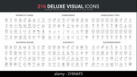 Électricité et appareils électriques, ensemble d'icônes de ligne de pièces électroniques. Internet des objets, énergie électrique, différents types internationaux de fiches et de prises femelles illustration vectorielle de symboles de contour noir mince Illustration de Vecteur
