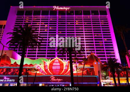 Las Vegas, Nevada - 13 avril 2024 : la façade de l'hôtel Flamingo, bien éclairée, présente des couleurs vives et des éléments emblématiques dans le ciel nocturne sombre de Las V. Banque D'Images