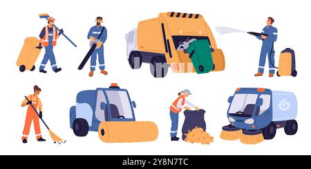 Équipement et machines de nettoyage des rues. Essuie-glaces de dessins animés avec dispositifs d'enlèvement des ordures. Nettoyeurs d'ordures urbaines. Les concierges ramassent les déchets. Camion à ordures. Swee Illustration de Vecteur