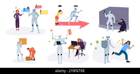 Robot contre humain. Les gens rivalisent et collaborent avec les androïdes. Victoire de l'intelligence artificielle dans l'accomplissement des tâches. Technologie IA. Équipe d'affaires Illustration de Vecteur