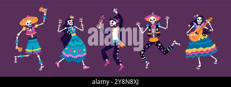 Squelettes mexicains dansants. Hommes et femmes morts dans des costumes de carnaval lumineux. Jour de la musique de fête morte. Personnages du festival d'Halloween. Corps squelettiques. Illustration de Vecteur