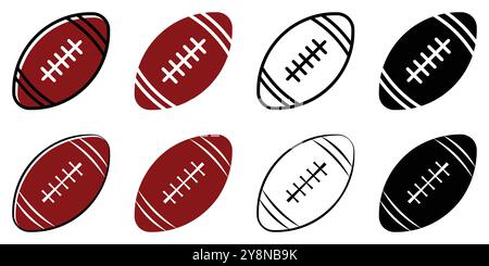 Icône du football américain. Ensemble d'icônes isolées du football américain et du rugby. Symbole noir du football américain. Ensemble de ballon de rugby coloré et noir. Illustration de Vecteur