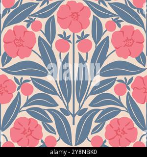 Motif sans couture floral rose de rose de rose musquée avec des fleurs de fleur, et des feuilles bleues, motif répété sans fin. Illustration vectorielle pour invitations de mariage, wallp Illustration de Vecteur
