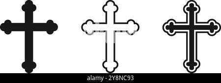 Vecteur crucifix orné plat, style solide et contour, croix décorative, symbole religieux, icône chrétienne, conception spirituelle crucifix, art sacré, noir Illustration de Vecteur