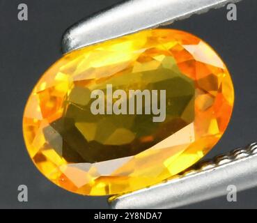 Superbe pierre précieuse saphir jaune naturel coupe ovale captivante reflets de lumière. Banque D'Images