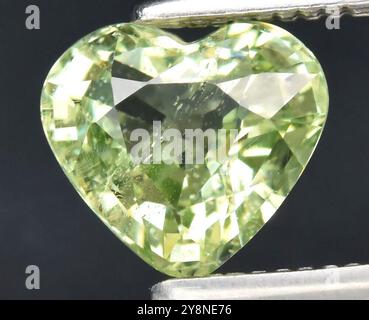 Pierre précieuse tourmaline verte en forme de cœur exquise présentant une clarté et un éclat éclatants. Banque D'Images