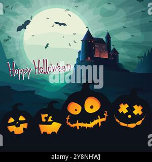 nuit d'halloween avec monstres de citrouille et château Illustration de Vecteur