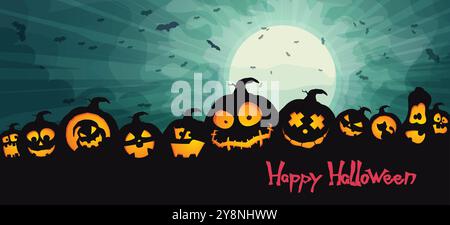 monstres de citrouille d'halloween à minuit pleine lune Illustration de Vecteur